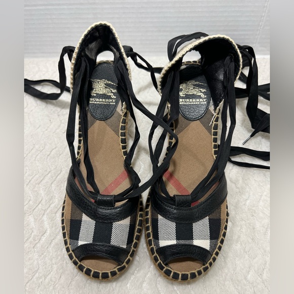 Burberry Women’s Size 37 US 6.5 Ankle Wrap Espadrilles Wedge Open Toe EUC - Picture 9 of 13